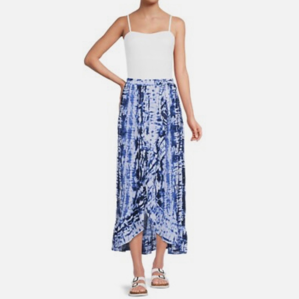 NWT Indigo Blue Tie Dye Ruffle Trim Maxi Skirt Size Large Swim Cover Up